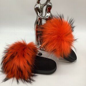 100% Real Orange Raccoon Fur Fluffy Slippers In-stock Fast Shipping